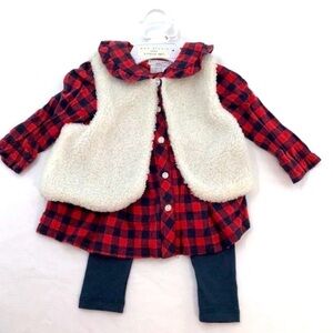 Max Studio Kids 3pcSet 5T buffalo plaid, top leggings, and fuzzy vest NWT